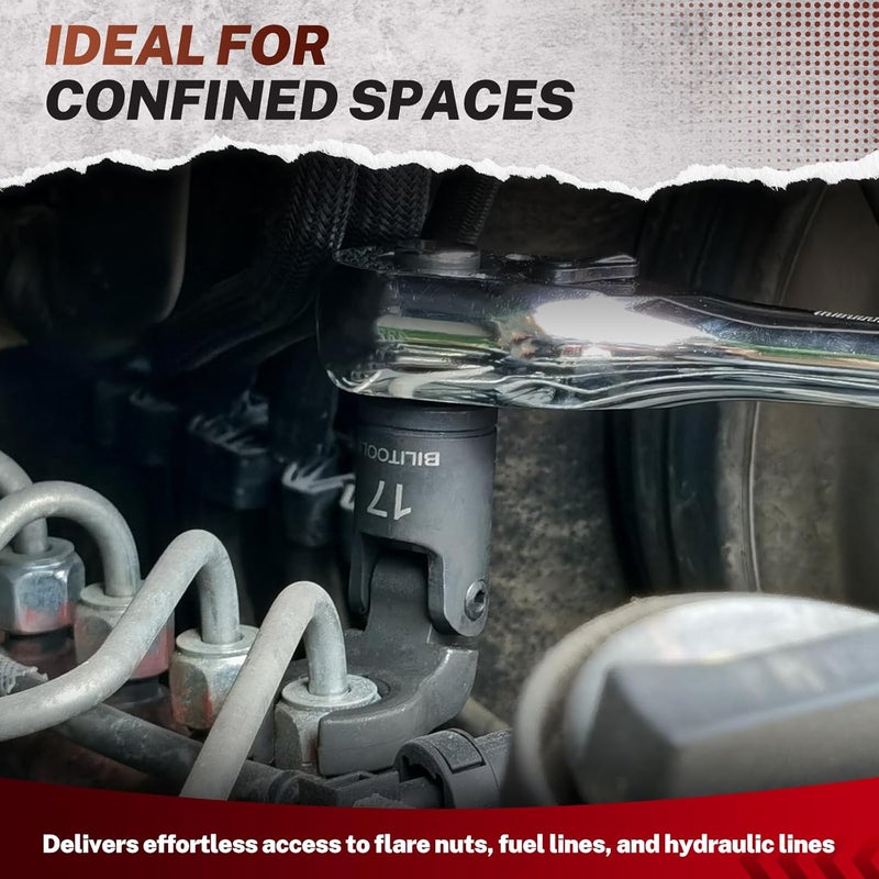 BILITOOLS 6PCS Flex Head Crows Foot Line Wrench Set, 3/8" & 1/2" Drive Injector Fuel Line Sockets Wrench Set, Crowfoot Flare Nut Socket Wrench Metric 12 14 16 17 18 19 mm with Storage Box - Image 2